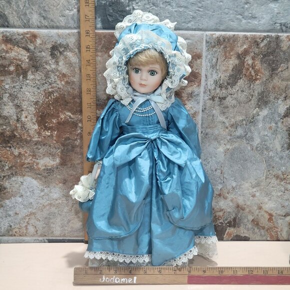 VTG Porcelain Doll Green Eyes Blue Satin Dress White Lace Trim Matching Bonnet - Picture 5 of 14